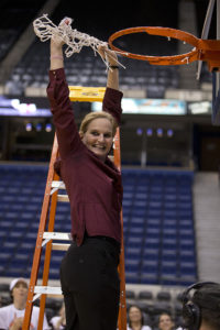 RICHMOND, VA - MARCH 9: Head coach Stephanie Gaitley of the Fordham Rams cuts the net off the rim after beating the Dayton Flyers in the championship game of the womens Atlantic 10 tournament on March 9, 2014 at the Richmond Coliseum in Richmond, Virginia. (Photo by Mitchell Leff/Getty Images)